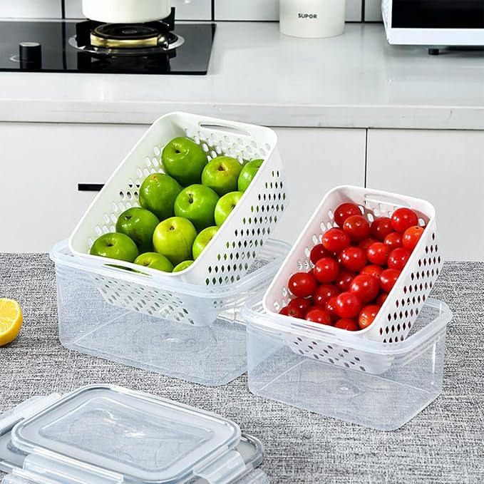 Set of 3 Airtight Fruit Storage Containers for Fridge with Removable Colanders, BPA-Free Veggie Keep-Fresh Salad Prep Bowls, Stackable Bins for Washing, Draining, and Extended Food Freshness - Image 5