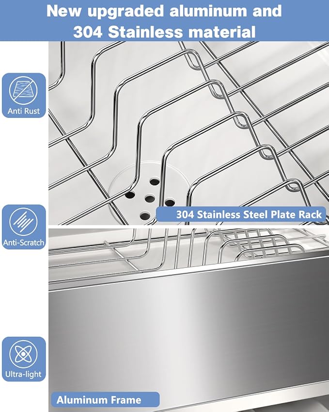 Dish Drying Rack, Thicker Premium Aluminum Frame and 304 Stainless Steel Plate Rack for Kitchen Counter, Automatic Drainage Spout, Dish Drainer & Drainboard Set with Utensil Holder, White - Image 5