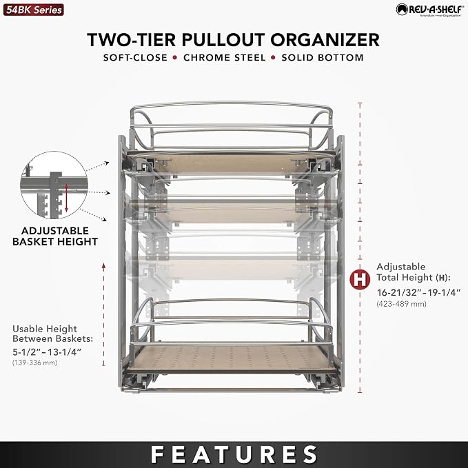 Rev-A-Shelf 2 Tier Pull Out Kitchen Cabinet Storage Organizer with Solid Bottom & Undermount Soft-Close Full Extension Slides, 54BK-18SC-2-1 - Image 6