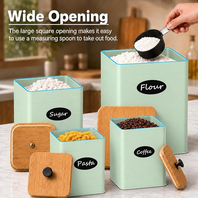 Kitchen Canister Set of 4, Sage Green Airtight Metal Flour Sugar Containers | 4 Practical Capacities, Flat Bamboo Lids, Wide Openings, Reusable Chalkboard Labels & Marker, Countertop and Pantry Organized - Image 6