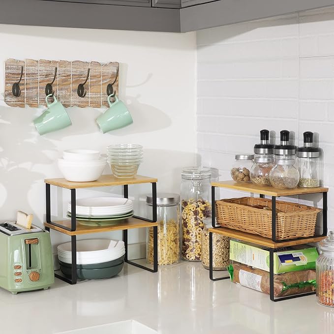 SONGMICS Set of 6 Cabinet Organizers, Shelf Organizers, Kitchen Organization, Kitchen Organizers and storage, Metal and Bamboo, Black and Natural UKCS02NB and UKCS10NB - Image 4