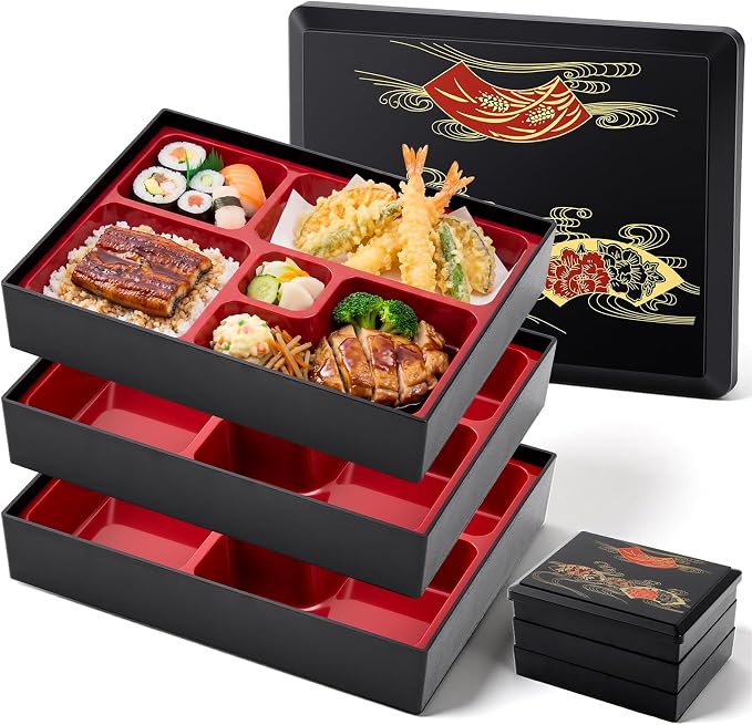 Teenyyou 1 Pcs Three -Tier Japanese Lunch Bento Box 10.6 x 8.3 x 6.1 Inch Japanese Stackable Lunch Box Divided Bento Container with Greaseproof Gift for Sushi Meal Snack Home Restaurant by Teenyyou