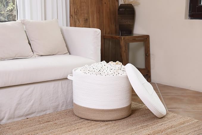 20x15 Inch Extra Large Round Cotton Rope Storage Basket with Lid, Decorative Woven Bin with Cover for Living Room Bedroom Closet, White & Jute - Image 4
