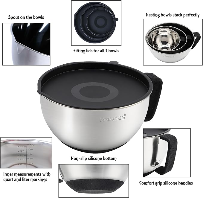 Stainless Steel Mixing Bowls: Metal Mixing Bowl Set with Lids and Handles Non-slip Silicone Bottom Nesting Bowls for Kitchen Set of 3 - Black - Image 2