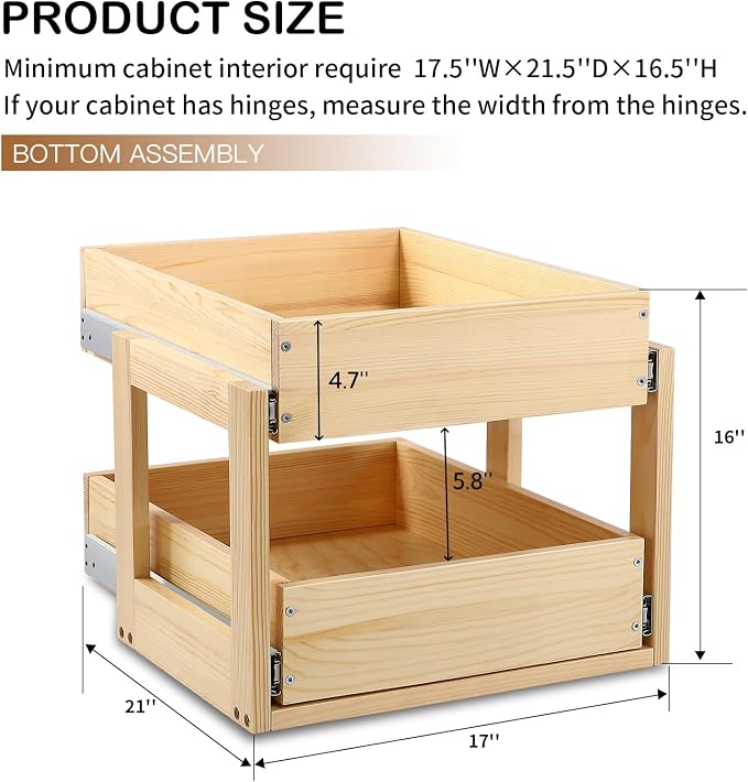 Pull Out Cabinet Organizer, 17''W×21''D×16''H Soft Close Slide Out Wood Drawer Shelves Storage for Kitchen, 2-Tier, Finished, Heavy-Duty, Bottom Assembly - Image 3