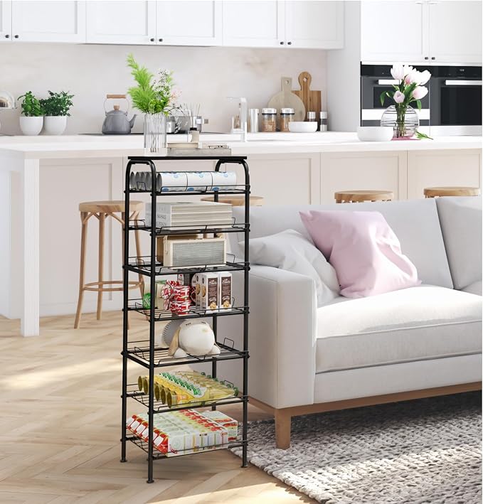 Vrisa Water Bottle Organizer 7 Tier Free Standing Water Bottle Holder Stand with Storage Shelves Beverage Drink Soda Can Rack Dispenser Metal Storage Shelf for Kitchen Pantry Party Office, Black - Image 6