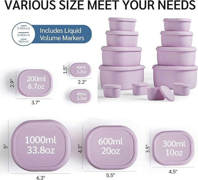 ISSEVE 12Pcs/Set Nesting Silicone Food Storage Containers with Lids, Purple | BPA-free, Reusable, Meal Prep Containers, Small Freezer Portions, Dishwasher Cleaning, Nested Cabinet Storage, 5 Sizes - Image 4
