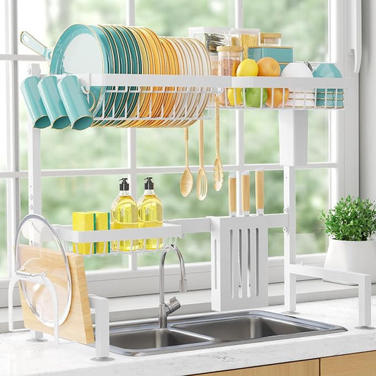 Sakugi Over The Sink Dish Drying Rack - Adjustable 2 Tier Large Capacity Stainless Steel Drainer with Cutlery & Utensil Holders, Kitchen Storage & Organization, 30"-33.9" L x 11" W x 21.5" H, White by Sakugi