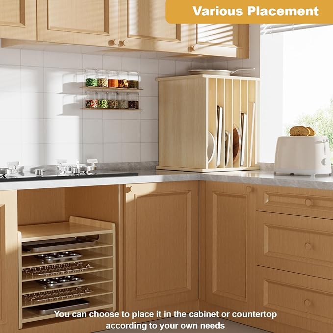 7 Tier Wooden Cookie Sheet Organizer for Cabinet Pot, Pans, Baking Tray Organizer for Kitchen Documents Storage(16.6" W x 16.5" H x 15.2" D) - Image 6