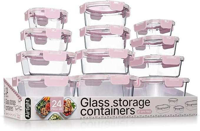 Bakken Borosilicate Glass Food Storage Containers with Lids 24 Pieces, BPA-Free Stackable Lunch & Leftover Containers, Microwave, Freezer & Dishwasher Safe, 100% Airtight Leak-Proof, Pink by BAKK%C3%8BNMASTER