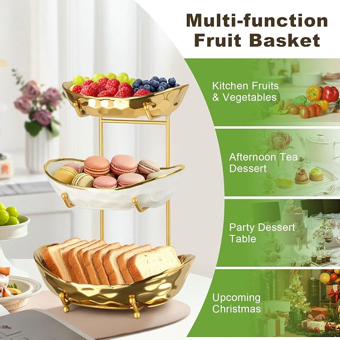3 Tier Ceramic Fruit Bowl for Kitchen Counter, Tiered Fruit Basket Stand with Gold Metal Rack, Decorative Fruit Holder for Table, No Assembly Serving Bowls for Party Snacks & Housewarming Gift - Image 6