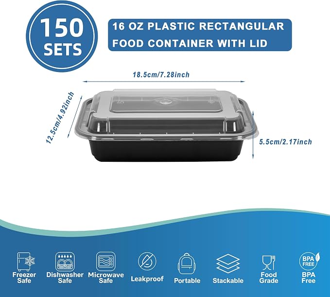 16oz Food Storage Containers with Lids, 150 Sets Disposable Meal Prep Boxes | Small Single Serving Meal Prep Boxes,Leak-Proof, Microwave Freezer Safe,To-Go Containers For Portion Control & Catering - Image 2