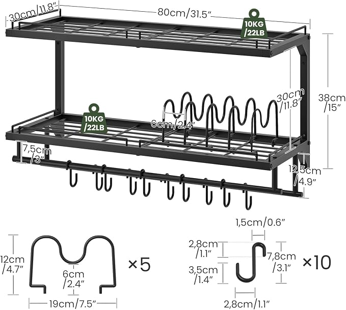Pot Rack, Wall Mounted Pan Holder, 2-Tier Pot and Pan Organizer, Pot Hanger with 10 S-Shaped Hooks, Cookware Organizer with 5 Removable Metal Wire Dividers, Black TPR35BB - Image 5