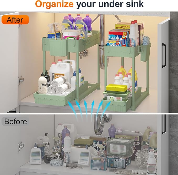 4-Pack 2-Tier Under Sink Organizer with Pull Out Drawers | Multi-use kitchen & bathroom storage. Includes hanging hooks and cups. Green, space-saving cabinet design. 12.8 Inch - Image 3