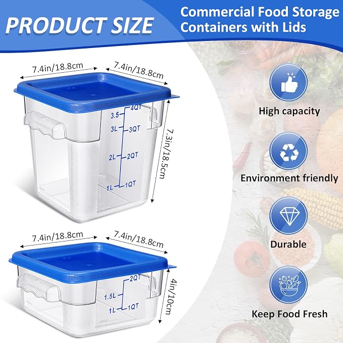 Yungyan 16 Pcs Restaurant Food Storage Containers with Lids Set 2Qt and 4Qt Commercial Restaurant Square Storage Containers Clear Food Cereal Container for Kitchen Freezer (Blue Lids) - Image 2