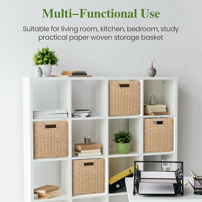 Patvingot 11-Inch Paper Rope Wicker Basket with Built-In Handles,4 Pack | For books, throws and accessories on open shelves, decorative woven texture, metal frame supports the shape, folds flat - Image 6