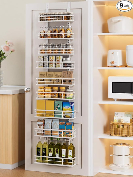 Delamu 9 Tier Over The Door Pantry Organizer, Pantry Organization and Storage, Hanging Spice Rack for Pantry Door Organizer, Metal Pantry Door Shelves for Kitchen Bathroom Laundry Room,15.3" White by DELAMU
