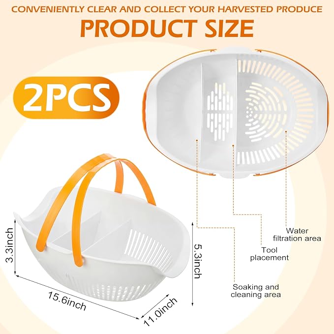 Nuogo 2 Pcs Garden Harvest Basket Removable Partitions with Tool Caddy for Collecting Carrying and Cleaning Harvesting Basket Doubles Colander for Vegetables and Fruits Garden Accessories (White) - Image 2