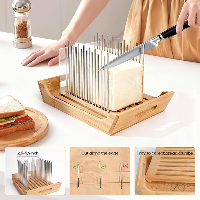 6 In 1 Homemade Bread Slicer With Bread Box For Homemade Bread，Adjustable 304 Stainless Steel Guide With Crumb Tray 2 Loaf Pan With Lid Mason Jars Basting Pastry Brush And Scraper Bread Loaf Slicer - Image 3
