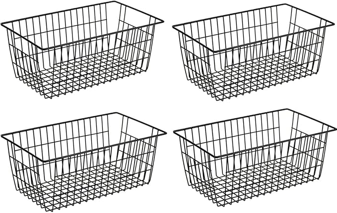 SANNO Large Freezer Baskets Metal Storage Organizer Bin Basket Wire Storage Basket for Kitchen Pantry Bathroom Large Metal Farmhouse Food Fruit Produce Organizer Bins,black,4 by SANNO