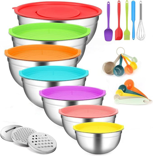 JUJOJB Mixing Bowls With Lids Set,Stainless Steel Mixing Bowls Set With 3 Grater,Metal Nesting Bowls For Kitchen Baking Refrigerator Meal Prep Food Organizer,7 Size(Multicolor) by Simplehomesolutionsforeverydailymoment