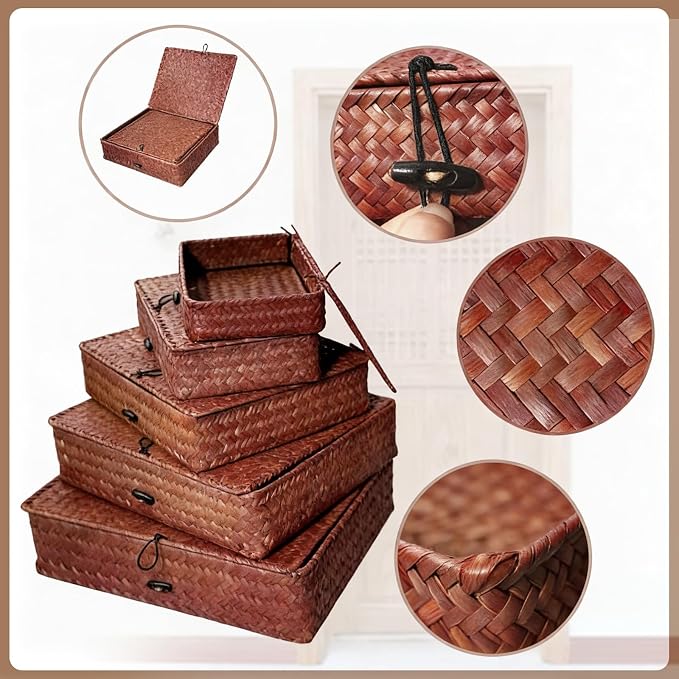 5 Pcs Seagrass Basket with Lid 5 Sizes Decorative Storage Boxes Rattan Wicker Storage Basket with Lids Woven Organizer Baskets Multipurpose Flat Storage Bins for Shelf Closet Bedroom (Dark Brown) - Image 3