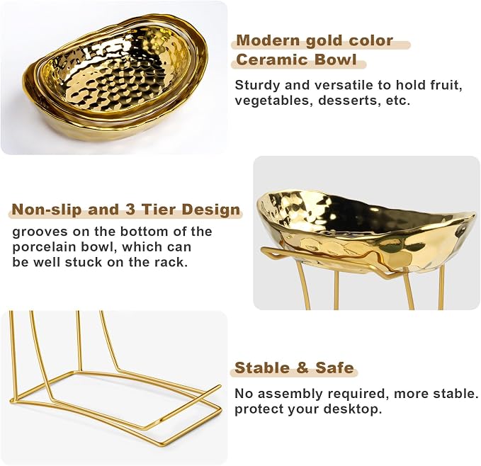Fruit Bowl for Kitchen Counter with Metal Stand, 3 Tier Fruit Basket for Counter, White Gold Ceramic Fruit Bowl, Detachable Rack for Fruit Vegetable Snack Dessert Storage (Gold) - Image 3