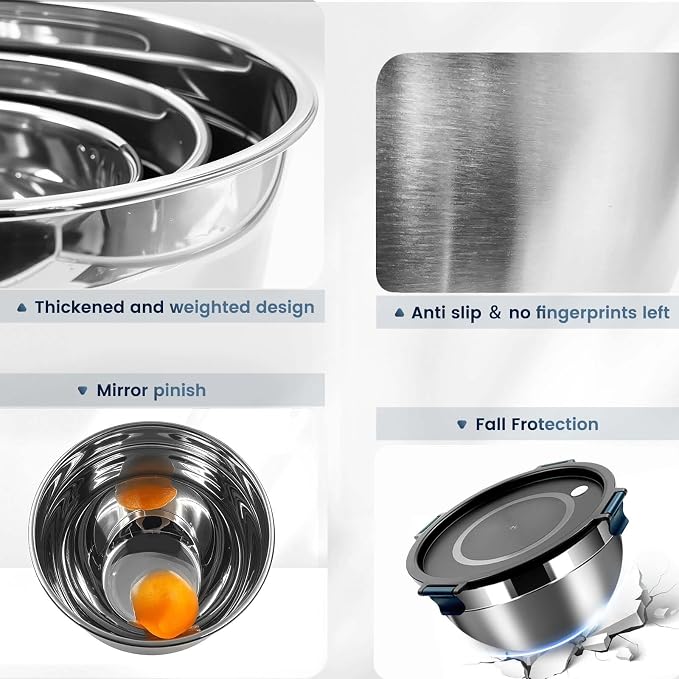 Daily Treasures Mixing Bowls with Airtight Clear Lids Set of 3,Thicker Stainless Steel Mixing Bowl Set,Nesting Bowls for Cooking, Prepping, Baking, Serving & Food Storage, Size 5, 3, 1.5QT - Image 5