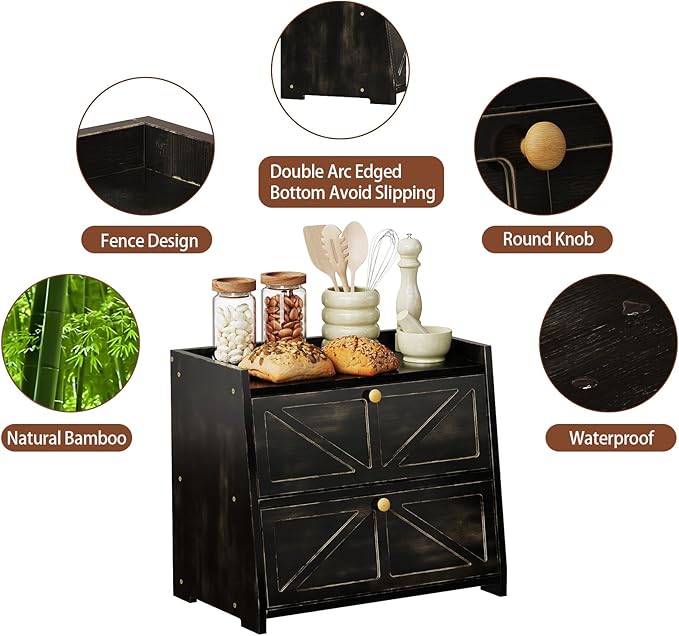 Trironsun Vintage Double Layer Bread Box for Kitchen Counter Bamboo Bread Storage Container Large Capacity Bread Storage Bin (Antique Black) - Image 4
