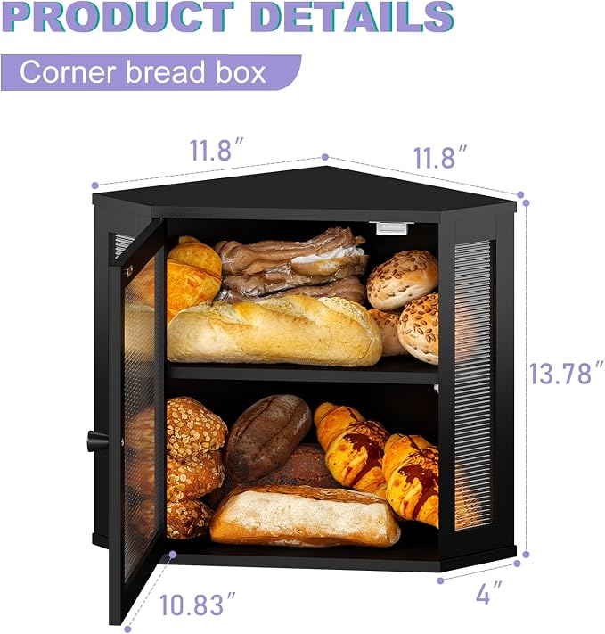 Corner Bread box for Kitchen Countertop,Farmhouse Acrylic Wavy Door Panel Food Storage Large White Bread box Container - Image 2