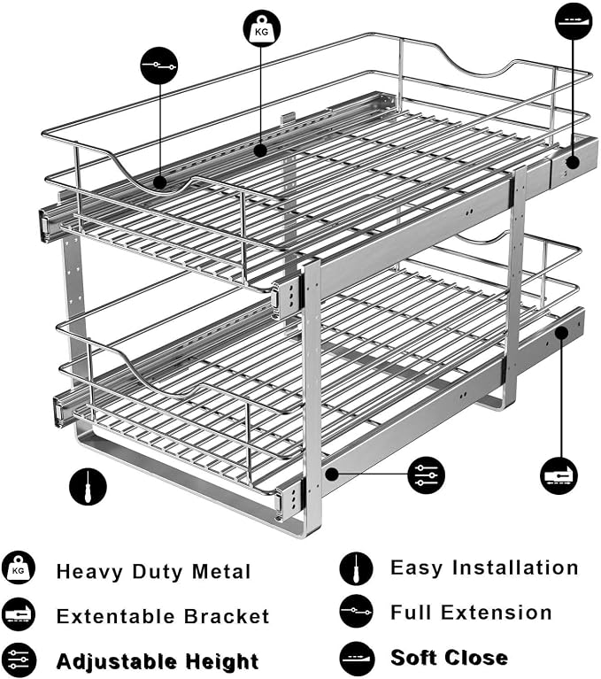 2 Tier Pull Out Cabinet Organizer,(11½"W x 22" D) Soft Close Slide Out Drawer For Kitchen Base Cabinet, Individual Pull Out Shelf, Roll Out Pantry Organization, 22 Inch Deep - Image 5