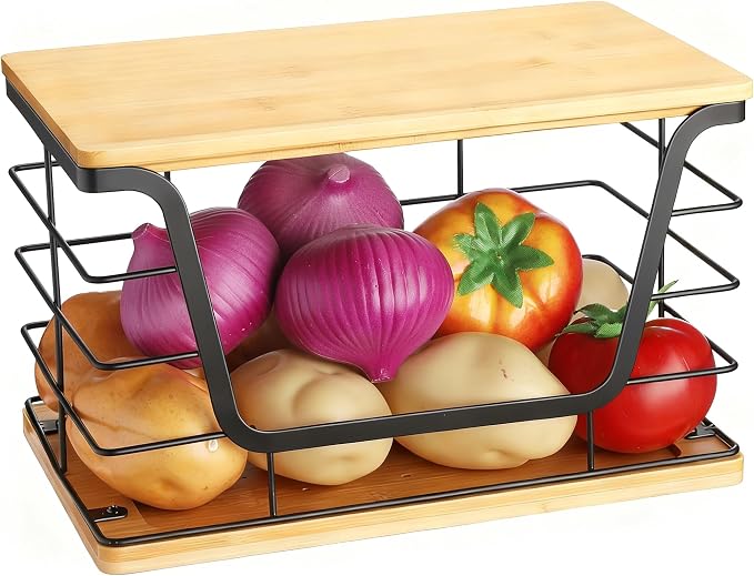 ALOCEO Large Wire Basket for Kitchen Pantry, Stainless Steel Kitchen Counter Organizer for Potato Onion, Trash Bag Dispenser Under Sink with Bamboo Top, Black - Image 4