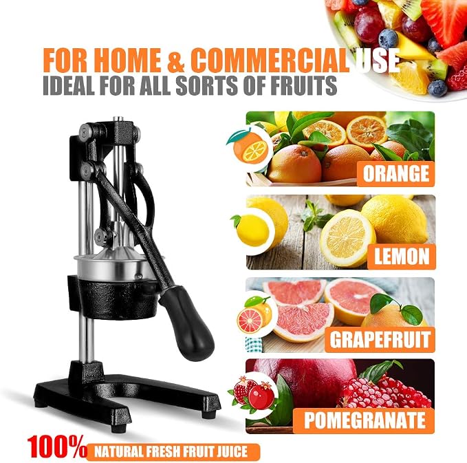 Commercial Heavy Duty Cast Iron Hand Press Manual Orange Citrus Lemon Lime Grapefruit Pomegranate Fruit Juice Squeezer Machine with Stainless Steel Cup Black - Image 4