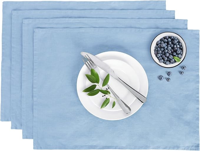 Linen Placemats 14x19Inch Set of 4,100% Linen Placemats Natural Rustic Tablemats for Easter,Mother's Day,Summer,Handcrafted from European Flax(Blue Bell) by LLinenWorld