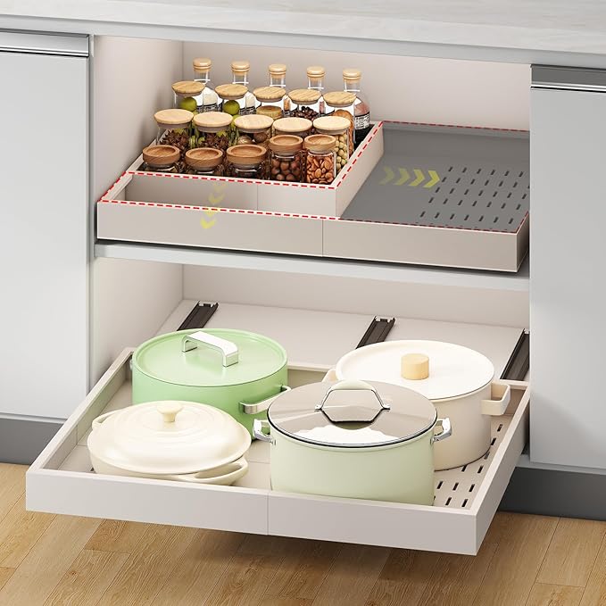 Fokyfok Pull out Cabinet Organizer,14"-21"W, 17"-24"D,Expandable,Adhesive | No Drill,3 Rails,Adjustable Slide out Drawers for Kitchen,Pantry,Roll out Shelves,for Cabinets Without Lip,Bathroom,White,1PC by Fokyfok