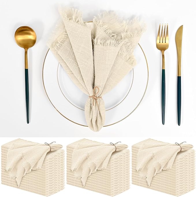 50 Pack Line Cloth Napkins, 16 x 16 Inch Cotton with Fringe Settings | Handmade washable reusable cotton dinner napkins in bulk for weddings, parties, rustic boho table settings by FXKS