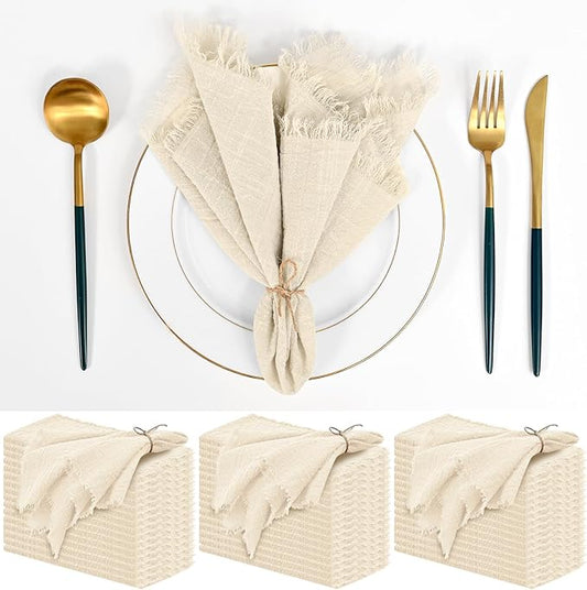 50 Pack Line Cloth Napkins, 16 x 16 Inch Cotton with Fringe Settings | Handmade washable reusable cotton dinner napkins in bulk for weddings, parties, rustic boho table settings by FXKS