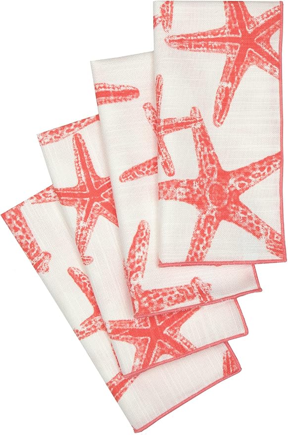Cloth Napkins 100% Cotton Fabric Linen Napkin for Beach Wedding Reception Table Decor, Party Ideas, Coral Red Starfish Coastal Tablescapes 18" x 18" Dinner, Set of 4 - Image 3