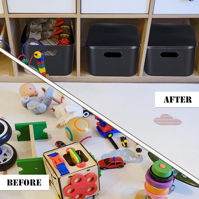 8 Pieces Colorful Storage Bins with Lid, Plastic Storage Basket Organizing Container Stackable Box with Handle for Shelves Desktop Playroom Office(13.8 x 9.8 x 5.9 Inch,Black) - Image 5