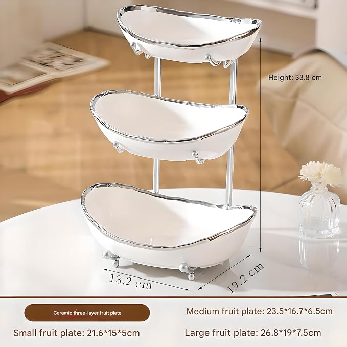 XUDREZ 3 Tier Fruit Bowl for Kitchen Counter with Metal Stand, Ceramic White Gold, Tiered Fruit Basket for Nuts, Snacks, Bread, Candy Storage (White B) - Image 2