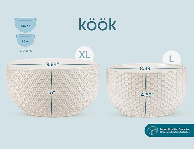 KooK Ceramic Mixing Bowls, Nesting Set of 4, Embossed Kitchen Dishware, Prep, Serving, Gift, Microwave and Dishwasher Safe, 20/44/98/145 oz, Narbonne Collection (Ivory) - Image 7