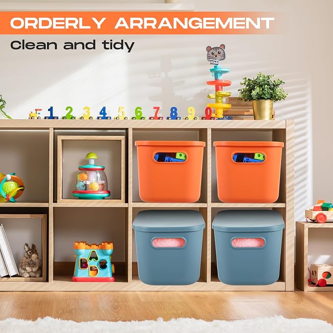 8 Pieces Colorful Storage Bins with Lid, Plastic Storage Basket Organizing Container Stackable Box with Handle for Shelves Desktop Playroom Office(10.2 x 7 x 6.3 Inch,Blue and Orange) - Image 5