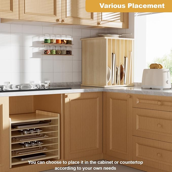 7 Tier Wooden Tray Dividers for Cabinets Cookie Sheet Organizer for Pot, Pans, Baking Tray Organizer for Kitchen Documents Storage(20" W x 16.5" H x 15.2" D) - Image 6
