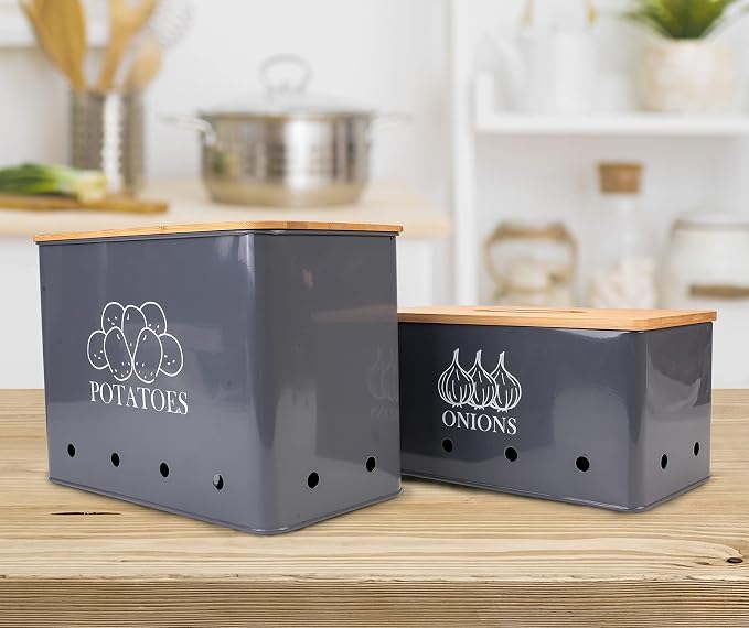 Potato and Onion Storage Bin Set of 2, Vented Metal Vegetable Storage with Wooden Lids, Farmhouse Kitchen Canisters for Countertop Pantry Organizer, Potato Bin Onion Holder for Produce Storage, Grey - Image 4