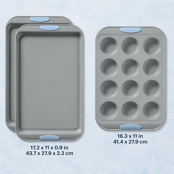 Pyrex 3-Piece Metal Cookie & Muffin Sheet Bakeware Set, Cerulean | Lightweight stainless steel baking trays with heatsafe silicone handles, made without PFAS, mercury, lead, cadmium & BPA - Image 2
