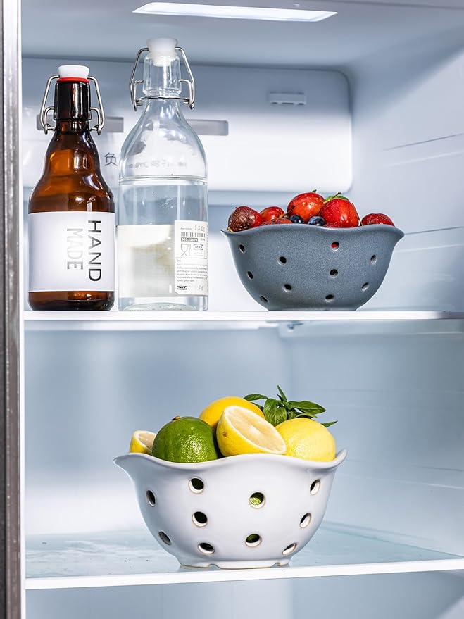 Gomakren Fruit Basket Set of 2, Ceramic Fruit Bowl Berry Basket with Holes, 7.6 Inch Fruit Containers Colander for Fridge - Farmhouse Kitchen Decor, White - Image 6