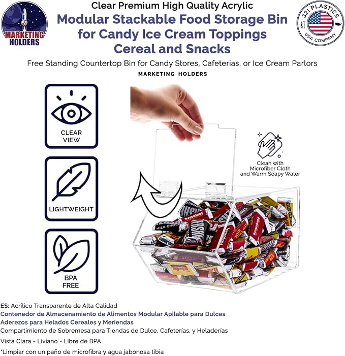 Marketing Holders Candy Bin 5” x 9" with Hinged Lid for Bakeries Convenience Stores and Retail Candy Stores Storage Nut Granola Top Opening Display Cabinet Bread Organizer - Image 2