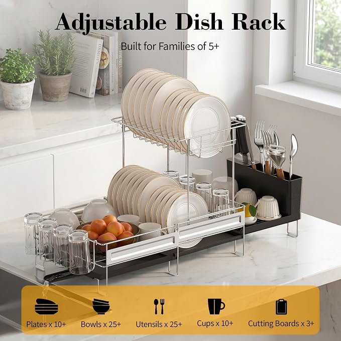 Delamu 2 Tier Dish Drying Rack, Large Dish Racks for Kitchen Counter, Stainless Steel Multifunctional Dish Drainer with Cutlery & Cup Holders, Extendable from 13.4 to 28.7 in, Black - Image 6