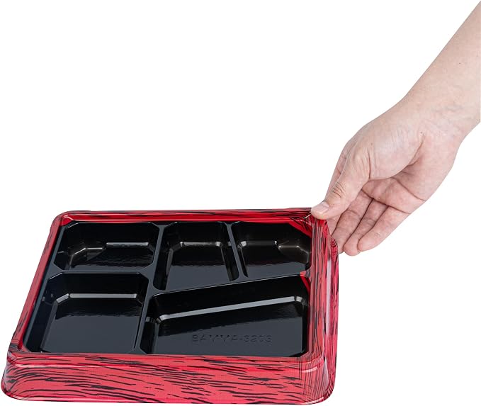 Restaurantware-Bento Tek 18.3 Ounce Meal Prep Containers, 50 Disposable To Go Food Boxes - Lids Sold Separately, 5 Compartments, Red And Black Plastic Bento Lunch Boxes, Freezable, For Take Out - Image 11