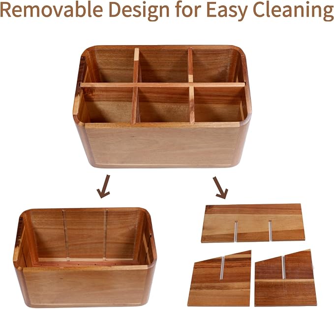 Wooden Kitchen Utensil Holder Organizer for Counter or Countertop, Large Wooden Utensil Holder for Storage Cooking and Silverware with 6 Compartment, Acacia Rustic Wood Container Extra Large - Image 4